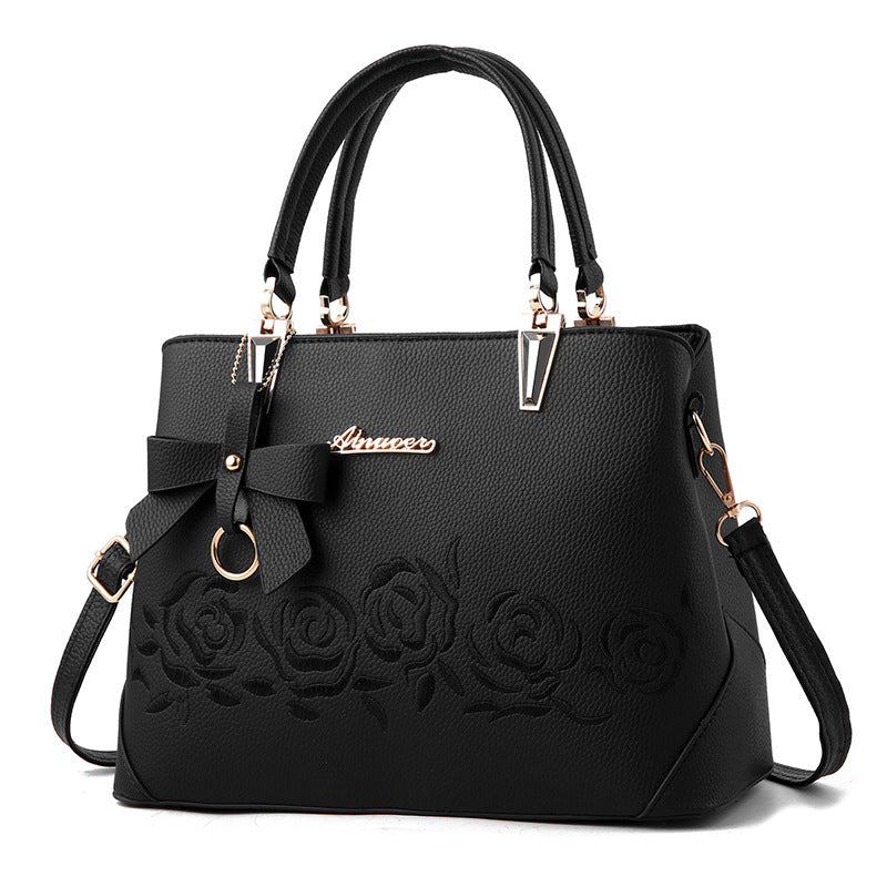 Embroidered rose tote shoulder bag