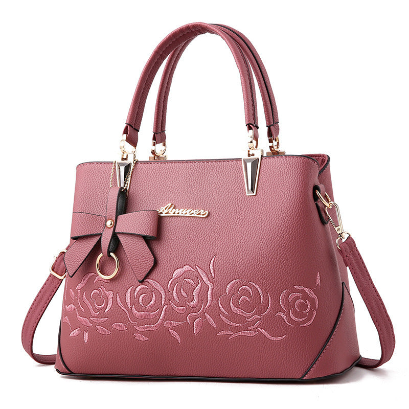 Embroidered rose tote shoulder bag