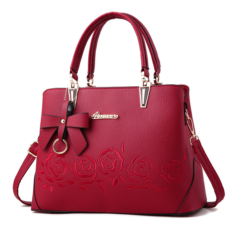 Embroidered rose tote shoulder bag